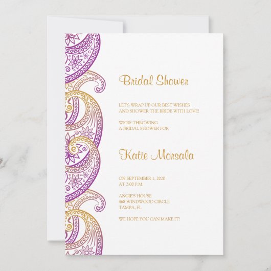 パープルおよび金ゴールドインディアンペイズリーブライダルシャワー 招待状 (正面)