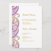 パープルおよび金ゴールドインディアンペイズリーブライダルシャワー 招待状 (正面/裏面)