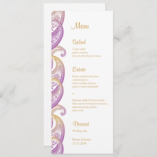パープルおよび金ゴールドインディアン結婚ペイズリー メニュー (正面/裏面)