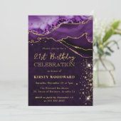パープルおよび金ゴールドグリッターアゲート誕生日 招待状 (スタンド正面)