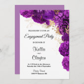 パープルおよび金ゴールドフローラ婚約パーティ 招待状 (正面/裏面)