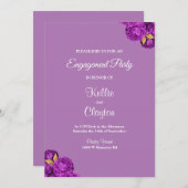 パープルおよび金ゴールドフローラ婚約パーティ 招待状 (正面/裏面)