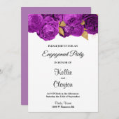 パープルおよび金ゴールドフローラ婚約パーティ 招待状 (正面/裏面)