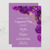 パープルおよび金ゴールドフローラ婚約パーティ 招待状 (正面/裏面)