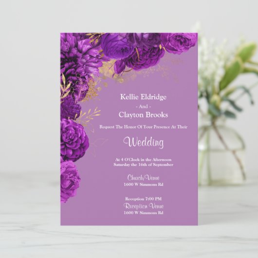 パープルおよび金ゴールドフローラ結婚式招待状 招待状 (スタンド正面)