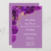 パープルおよび金ゴールドフローラ結婚式招待状 招待状 (正面/裏面)