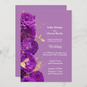 パープルおよび金ゴールドフローラ結婚式招待状 招待状 (正面/裏面)
