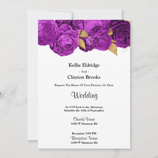 パープルおよび金ゴールドフローラ結婚式招待状 招待状 (正面)