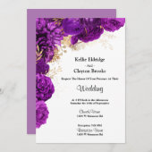 パープルおよび金ゴールドフローラ結婚式招待状 招待状 (正面/裏面)