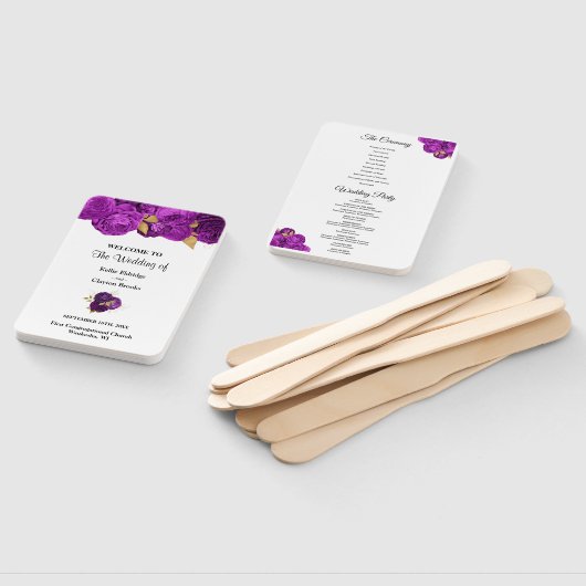 パープルおよび金ゴールドフローラ結婚式 プログラムハンドファン ハンドファン (組立なし)