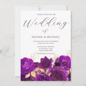 パープルおよび金ゴールドモダンフローラ結婚の 招待状 (正面)
