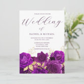 パープルおよび金ゴールドモダンフローラ結婚の 招待状 (スタンド正面)