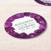 パープルおよび金ゴールドヴィンテージフォイルのフローラ結婚ズ ラウンドペーパーコースター (アングル)