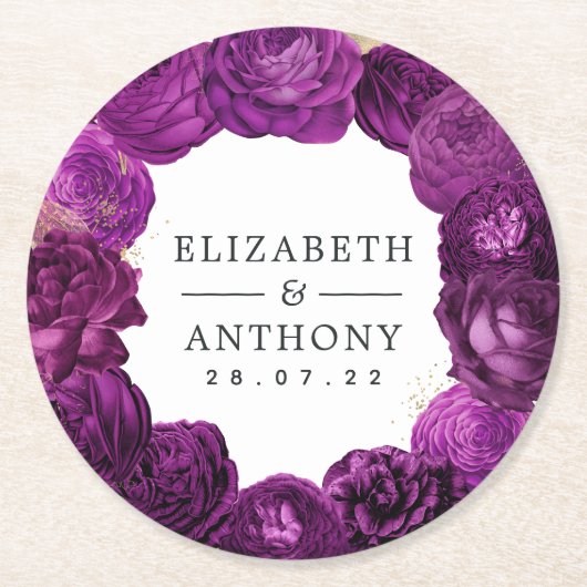 パープルおよび金ゴールドヴィンテージフォイルのフローラ結婚ズ ラウンドペーパーコースター (正面)