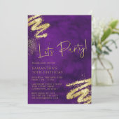 パープルおよび金ゴールド誕生日招待状 招待状 (スタンド正面)