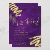 パープルおよび金ゴールド誕生日招待状 招待状 (正面/裏面)
