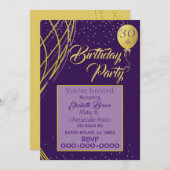 パープルおよび金ゴールド誕生日招待状 招待状 (正面/裏面)