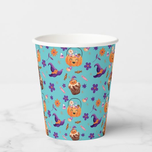 パープルお洒落オレンジキッズハローウィンパーティ 紙コップ (正面)