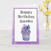 パープルお洒落ガールズバタフライカップケーキ誕生日 カード (黄色い花)