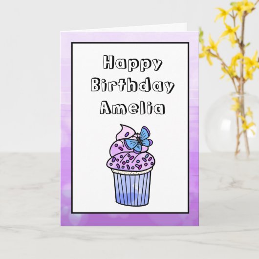 パープルお洒落ガールズバタフライカップケーキ誕生日 カード (黄色い花)