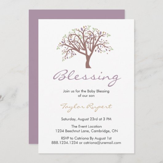 パープルお洒落ツリーベビー賛美ズ 招待状 (正面/裏面)