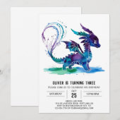 パープルお洒落ドラゴンデジタルボーイ誕生日 招待状 (正面/裏面)