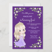 パープルお洒落ドレスプリンセスフローラ誕生日 招待状 (正面)