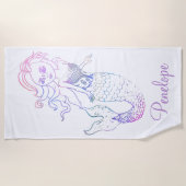 パープルお洒落パステルレインボインマーメイドと名前 ビーチタオル (正面)