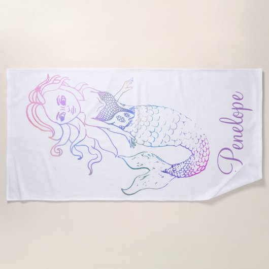 パープルお洒落パステルレインボインマーメイドと名前 ビーチタオル (正面)