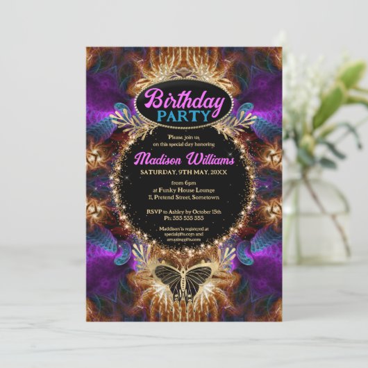 パープルお洒落ピンクボヘミアンプリンセス誕生日 招待状 (スタンド正面)