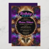 パープルお洒落ピンクボヘミアンプリンセス誕生日 招待状 (正面/裏面)