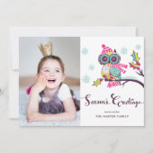 パープルお洒落フクロウとスノーフレークの休日の写真 シーズンカード (正面)