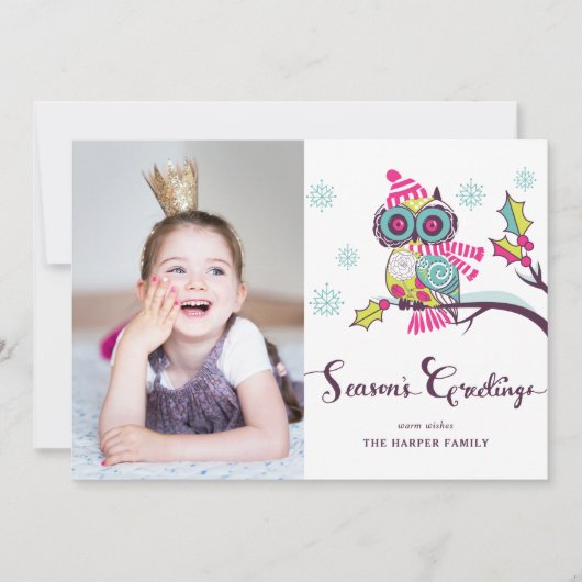 パープルお洒落フクロウとスノーフレークの休日の写真 シーズンカード (正面)