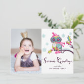 パープルお洒落フクロウとスノーフレークの休日の写真 シーズンカード (スタンド正面)