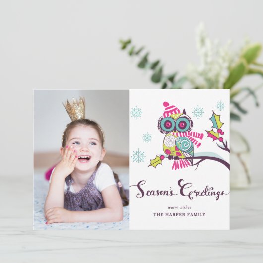 パープルお洒落フクロウとスノーフレークの休日の写真 シーズンカード (スタンド正面)
