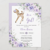 パープルお洒落フローラウッドランドディアベビーシャワー 招待状 (正面/裏面)