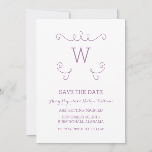 パープルお洒落フローリッシュ保存招待状 招待状 (正面)