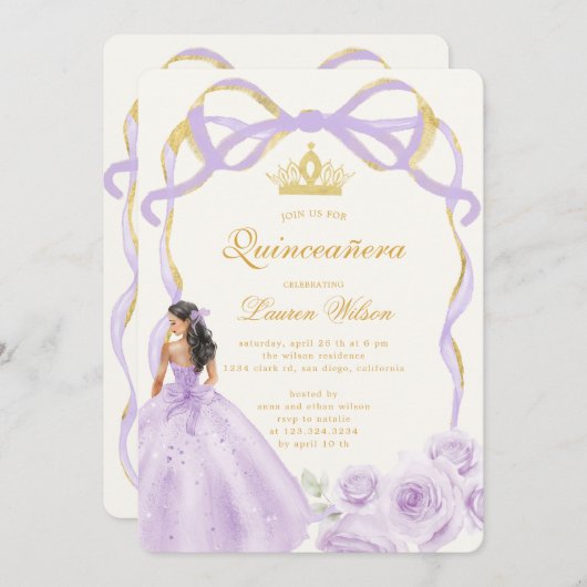パープルお洒落金ゴールドボウフローラクインセアニラ 招待状 (正面/裏面)