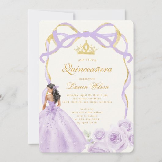パープルお洒落金ゴールドボウフローラクインセアニラ 招待状 (正面)