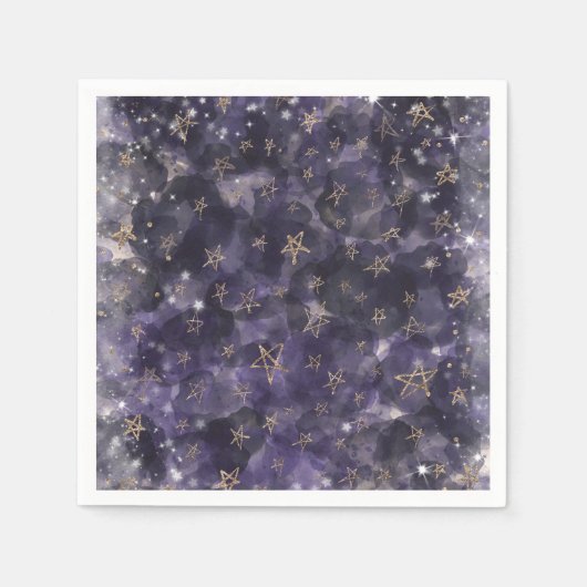パープルお洒落金ゴールドムーンスターズ赤ちゃんシャワー スタンダードカクテルナプキン (正面)