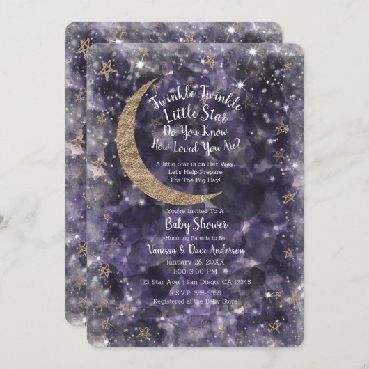 パープルお洒落金ゴールドムーンスターズ赤ちゃんシャワー 招待状 (正面/裏面)