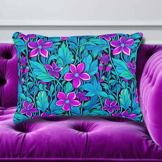 パープルかわいらしとティール(緑がかった色)ブルーフローラ アクセントクッション