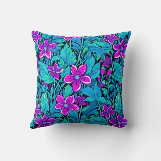 パープルかわいらしとティール（緑がかった色）ブルーフローラ クッション (裏面)