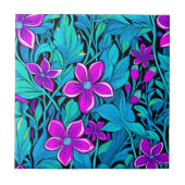 パープルかわいらしとティール(緑がかった色)ブルーフローラ タイル (正面)