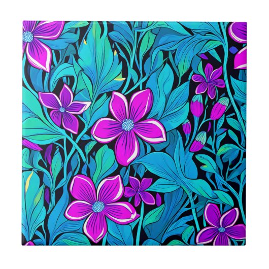 パープルかわいらしとティール（緑がかった色）ブルーフローラ タイル (正面)