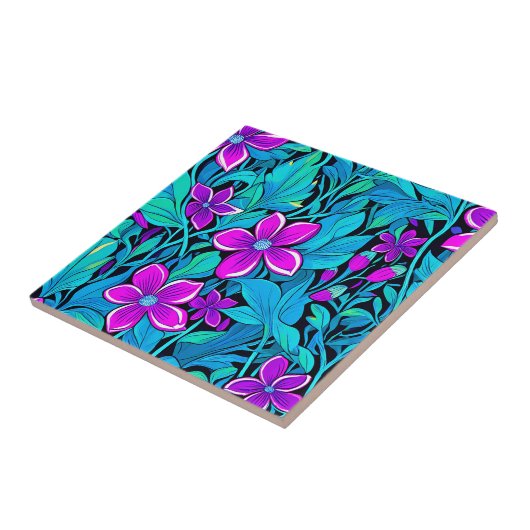 パープルかわいらしとティール（緑がかった色）ブルーフローラ タイル (側面)