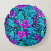パープルかわいらしとティール(緑がかった色)ブルーフローラ ラウンドクッション (正面)