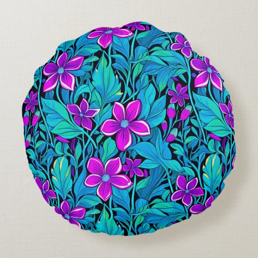 パープルかわいらしとティール(緑がかった色)ブルーフローラ ラウンドクッション (裏面)
