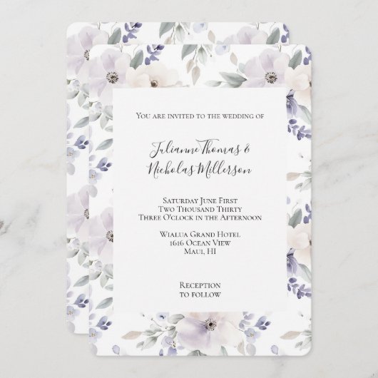 パープルかわいらしアイボリーラベンダーの花結婚の数 招待状 (正面/裏面)