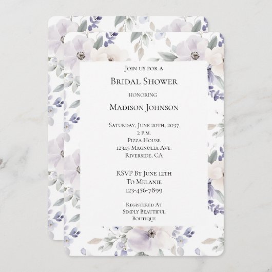パープルかわいらしアイボリーラベンダーフラワーズブライダルシャワー 招待状 (正面/裏面)